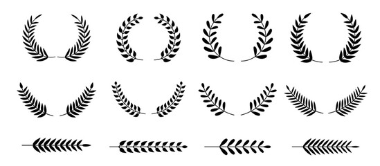 Circular laurel foliate . Set of black circular foliate laurels branches. Vector black laurels set. Emblem floral greek branch flat style - obrazy, fototapety, plakaty