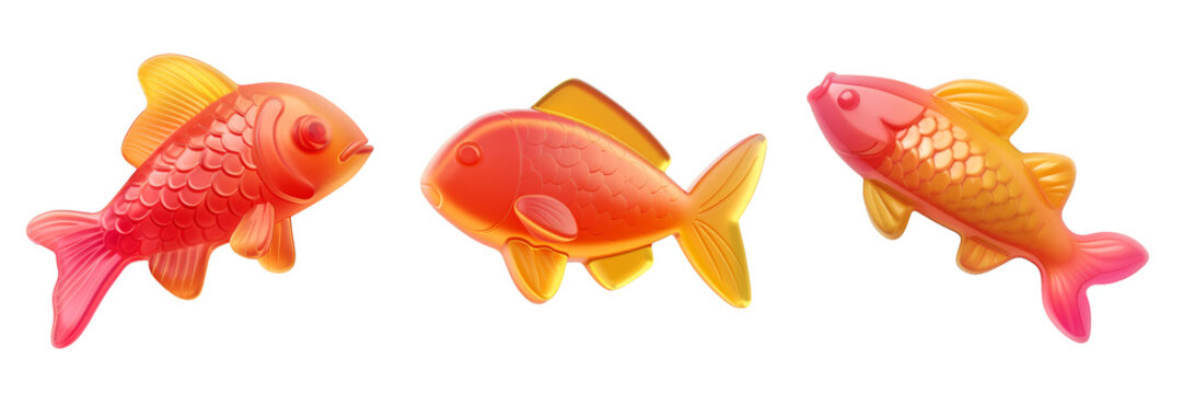 PNG gummy fish 3d icons and objects collection, in cartoon style minimal on transparent, white background, isolate