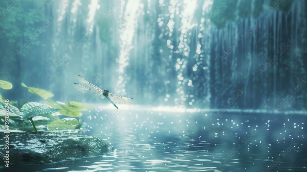 Poster a dragonfly hovering near a cascading waterfall, its wings glistening with droplets of water as it s