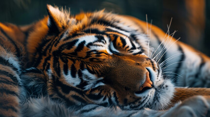 A tiger is sleeping on a bed of fur - obrazy, fototapety, plakaty