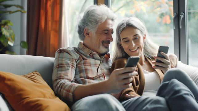 Happy elderly couple surfing the net on a smartphone in the living room. Elderly parents use an application on a mobile phone.