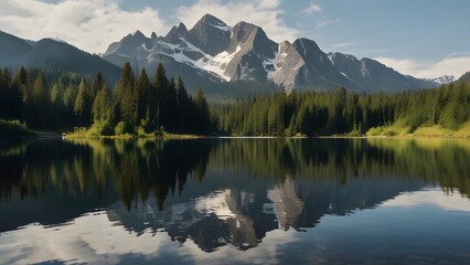 Fototapeta na wymiar lake in the mountains, lake reflection, green trees, green forest, cloudy, mountain reflection, mountain landscapes, lake landscapes, landscape wallpapers, mountain wallpapers, reflection in the pond