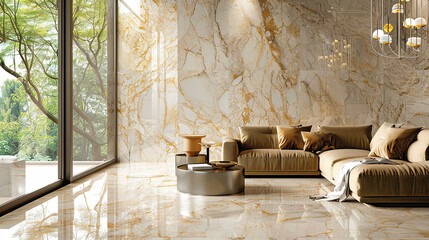Golden-hued marble with intricate patterns, reminiscent of a sunlit forest.