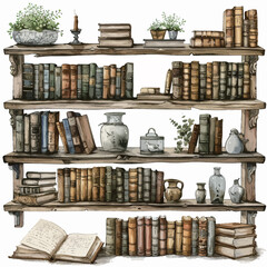 Illustration of a bookshelf with books and teapot