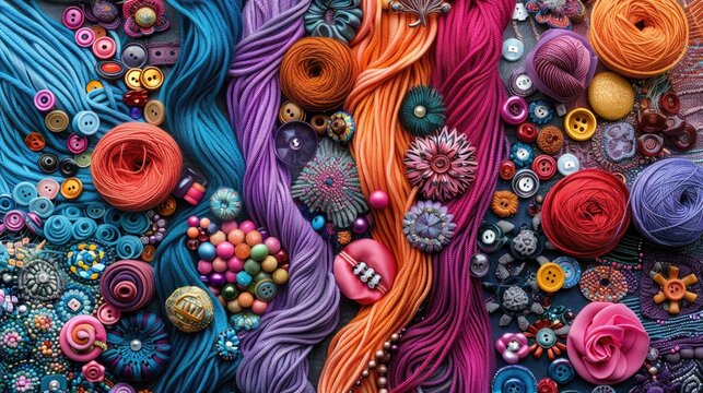 Decorative frame made of wool bundles, yarn balls, buttons and cord.