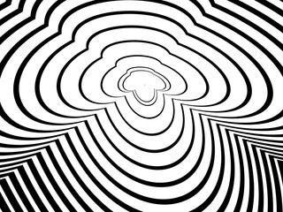 Abstract hypnotic wave pattern with black-and-white striped lines. Psychedelic background. Op art, optical illusion. Modern design, graphic texture.