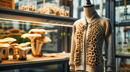 Innovative Mushroom-Inspired Knitwear Crafted from Mycelium Fibers, Displayed Next to Real Mushrooms