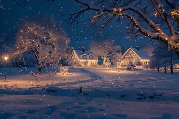 A peaceful countryside covered in a blanket of snow, with houses and trees adorned with soft, twinkling winter lights.