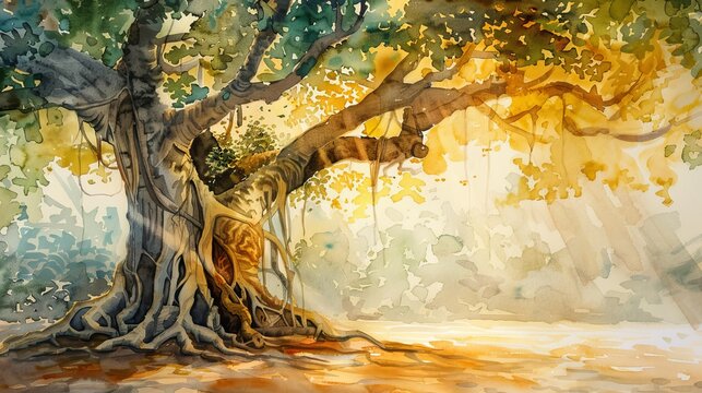 Beautiful painting of the Bodhi Sacred Fig tree in watercolor