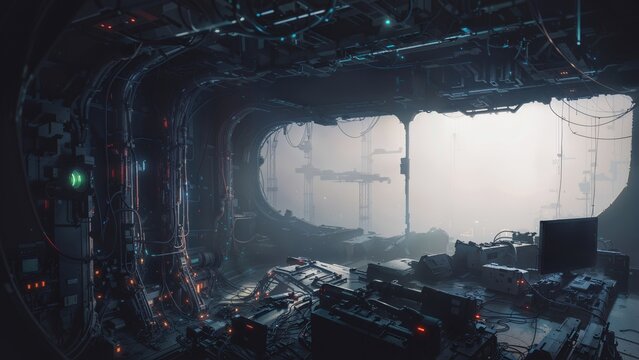 A futuristic sci-fi space station with spacecraft docking, robots working, and astronauts in spacesuits exploring