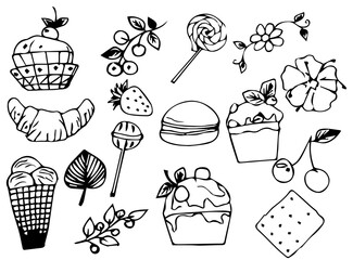 Set of hand drawn sweets. Black and white sweets, cakes and dough products. Vector illustration isolated on white background.