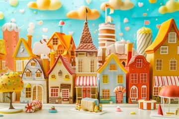 A colorful cityscape with houses and buildings, including a bakery and a truck