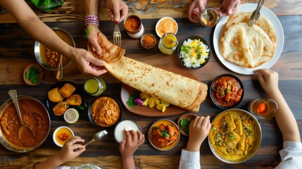 A family enjoying a traditional Indian meal together, with dosas taking center stage alongside a variety of flavorful side dishes and condiments.