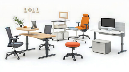 office essentials including a black chair, white desk, and wood and brown mirror arranged around a