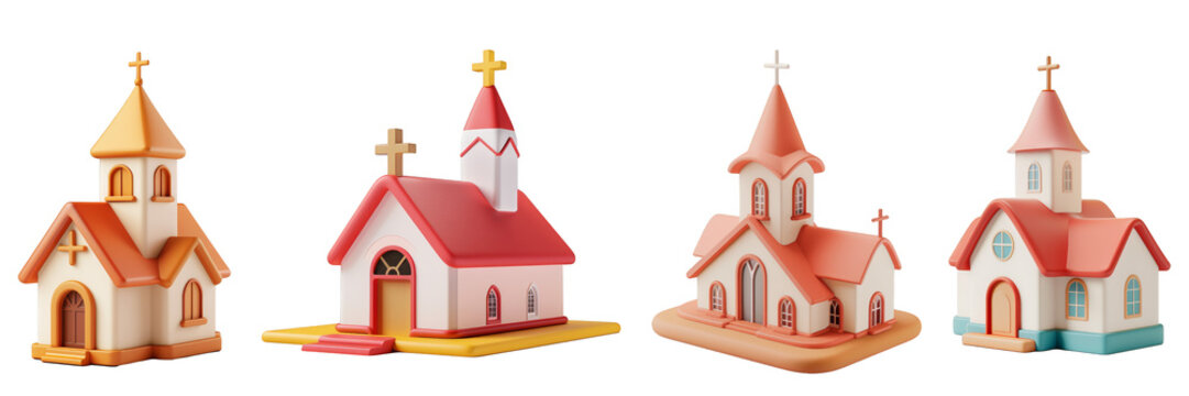 PNG church 3d icons and objects collection, in cartoon style minimal on transparent, white background, isolate
