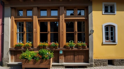 Fototapeta na wymiar old house with windows, old house with flowers, flowers, old house landscape, old house wallpapers, flowers in the front of window, old window, old architecture, European architecture, European