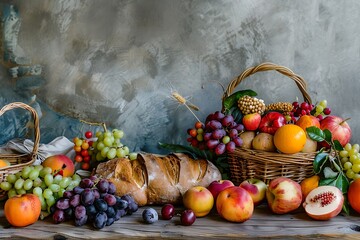 A rustic wooden table overflowing with a vibrant array of seasonal fruits, complemented by a basket of freshly baked bread.
