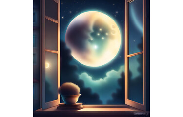 moon and stars, moon and window