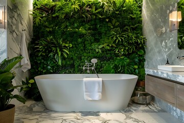 A serene bathroom with a freestanding bathtub, marble countertops, and a wall covered in lush greenery.