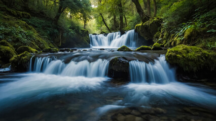 Landscape with river and forest with green trees. Silky crystal water and long exposure. Ordesa Pyrenees.
