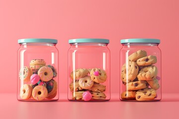 A row of colorful jars filled with various candies and cookies