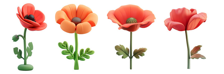 PNG poppy 3d icons and objects collection, in cartoon style minimal on transparent, white background, isolate