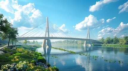 A 3D animation of a bridge being built over a river, with cables and supports being virtually tested