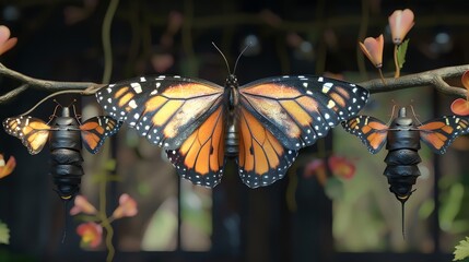 A 3D model of a butterfly metamorphosis, from caterpillar to chrysalis to winged beauty - obrazy, fototapety, plakaty