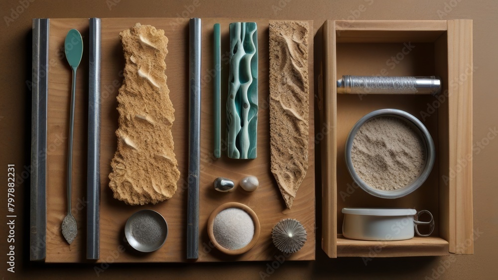 Poster wooden box with various objects and materials displayed