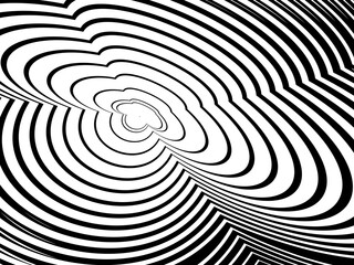 Abstract hypnotic wave pattern with black-and-white striped lines. Psychedelic background. Op art, optical illusion. Modern design, graphic texture.