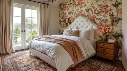 A bedroom with a floral wallpaper, a white bed, and a brown patterned rug.
