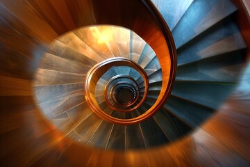 A speedy spiral staircase indoors, motion blur .