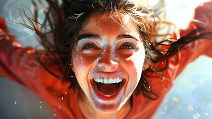 close-up image of a long-haired young woman with a very happy expression, laughing broadly showing her teeth, hands raised, face facing upwards. illustration of happy emotions