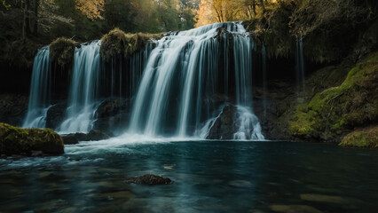 Landscape with river and forest with green trees. Silky crystal water and long exposure. Ordesa Pyrenees.
