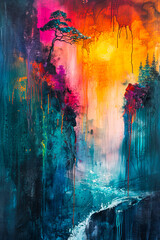 Colorful abstract painting blending natural scenery with vibrant hues