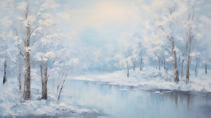 Wintry Serenity, Impressionist Snow-covered Trees, Icy River Scene with Copy Space