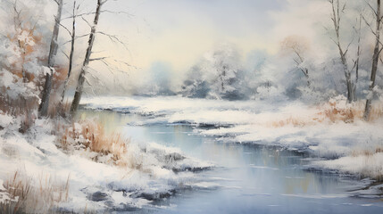 Obraz na płótnie Canvas Crisp Winter's Morning, Snowy Riverbank, Soft Light Impressionism with Copy Space