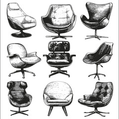 Set of armchairs in different colors. Vector hand drawn illustration.