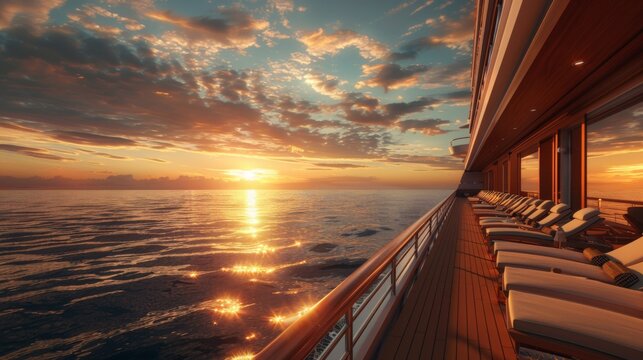 A luxury cruise ship sailing into the sunset, with passengers lounging on deck chairs, enjoying the serenity of the open sea.
