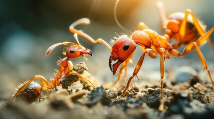 A macro shot of a fire ant venomously stinging its prey to immobilize it