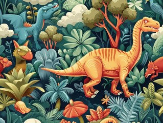 A seamless pattern showcasing various dinosaurs in a jungle setting 