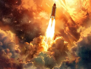 A space launch, with flames and plumes of smoke propelling a rocket into the heavens. 