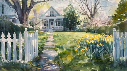 Charming Suburban Home with Blooming Daffodils and Morning Glories in Watercolor Landscape Painting - 797884078