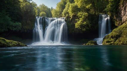 Landscape with river and forest with green trees. Silky crystal water and long exposure. Ordesa Pyrenees.
