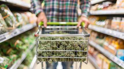 Young man pushing shopping cart full of marijuana in supermarket