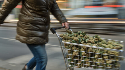 Person with shopping cart full of cannabis buds on the street