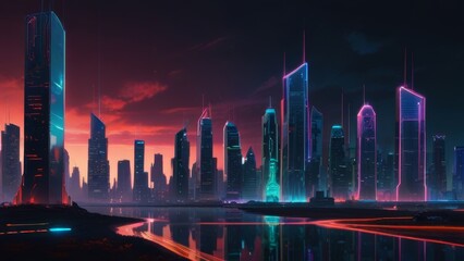  cyberpunk city skyline at night with reflection 