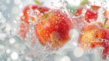Fresh apples being washed with water droplets visible
