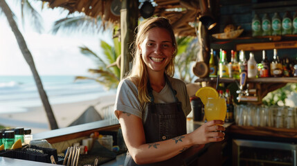 Female bartender in seaside beach bar, showing tropical cocktail
