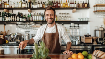 Confident young male barman in apron